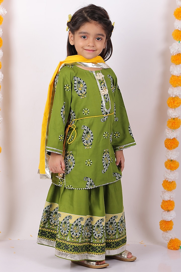 Mehendi Green Hand Embroidered & Printed Lehenga Set For Girls by Little Bansi