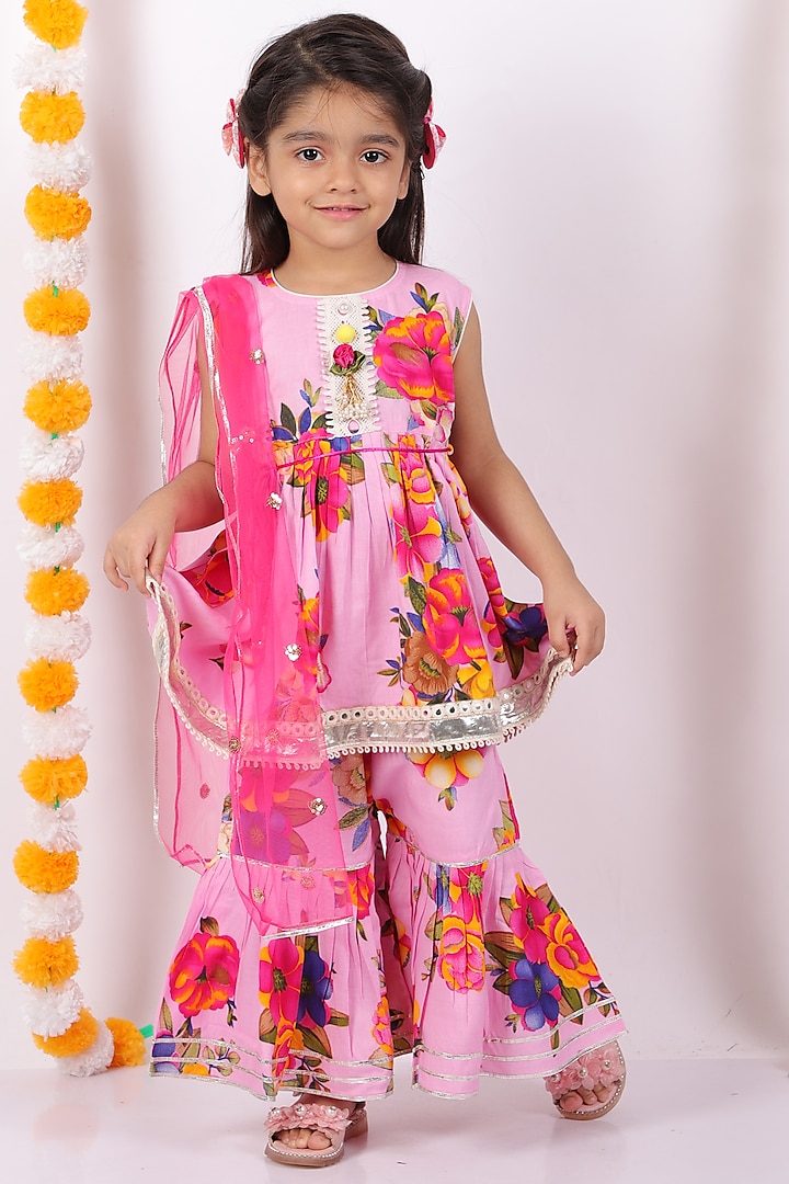 Baby Pink Hand Embroidered Sharara Set For Girls by Little Bansi at Pernia's Pop Up Shop