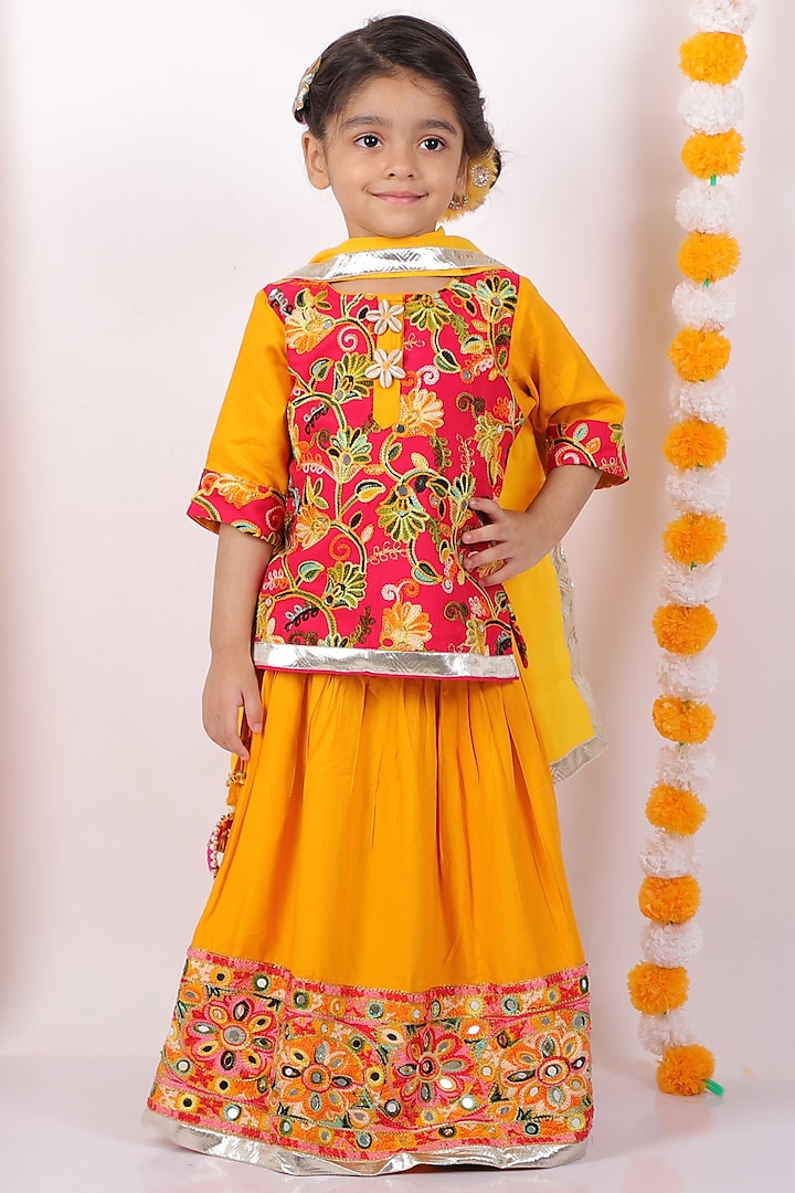 Orange Embroidered Lehenga Set by Little Bansi
