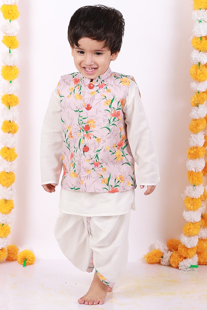 White Kurta Set With Printed Nehru Jacket For Boys by Little Bansi