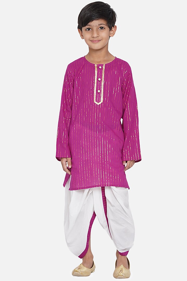 Purple Striped Kurta Set For Boys by Little Bansi