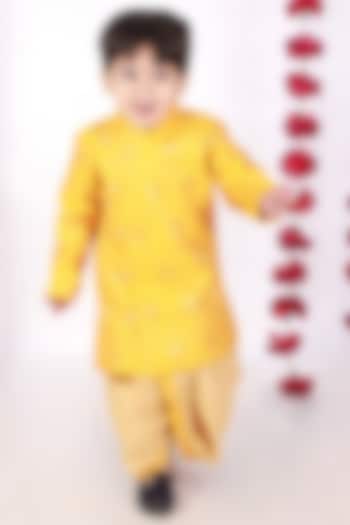 Royal Yellow Cotton Silk Sherwani Set For Boys by Little Bansi