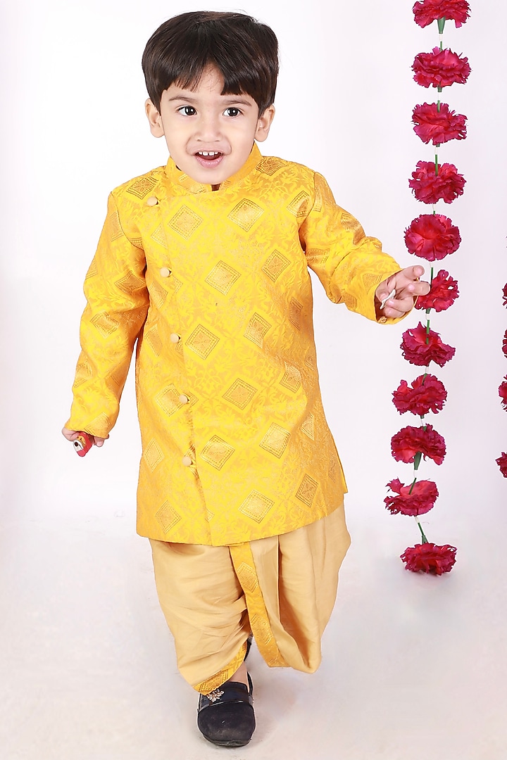 Royal Yellow Cotton Silk Sherwani Set For Boys by Little Bansi