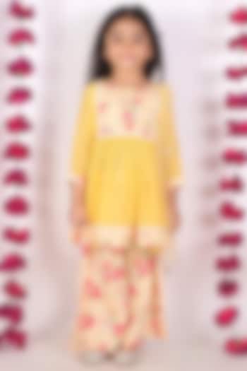 Butter Yellow Floral Printed Frock Kurta Set For Girls by Little Bansi