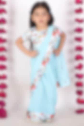 Sky Blue Cotton Silk Pre-Stitched Saree Set For Girls by Little Bansi
