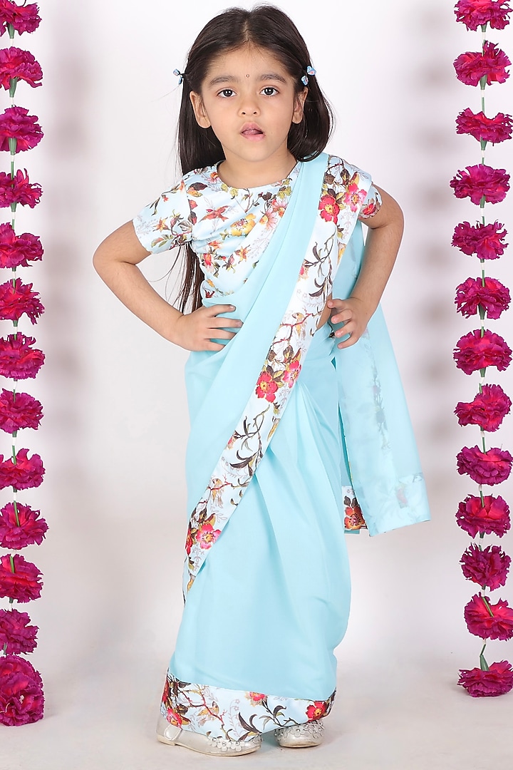 Sky Blue Cotton Silk Pre-Stitched Saree Set For Girls by Little Bansi