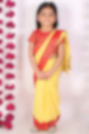 Butter Yellow Cotton Pre-Stitched Saree Set For Girls by Little Bansi