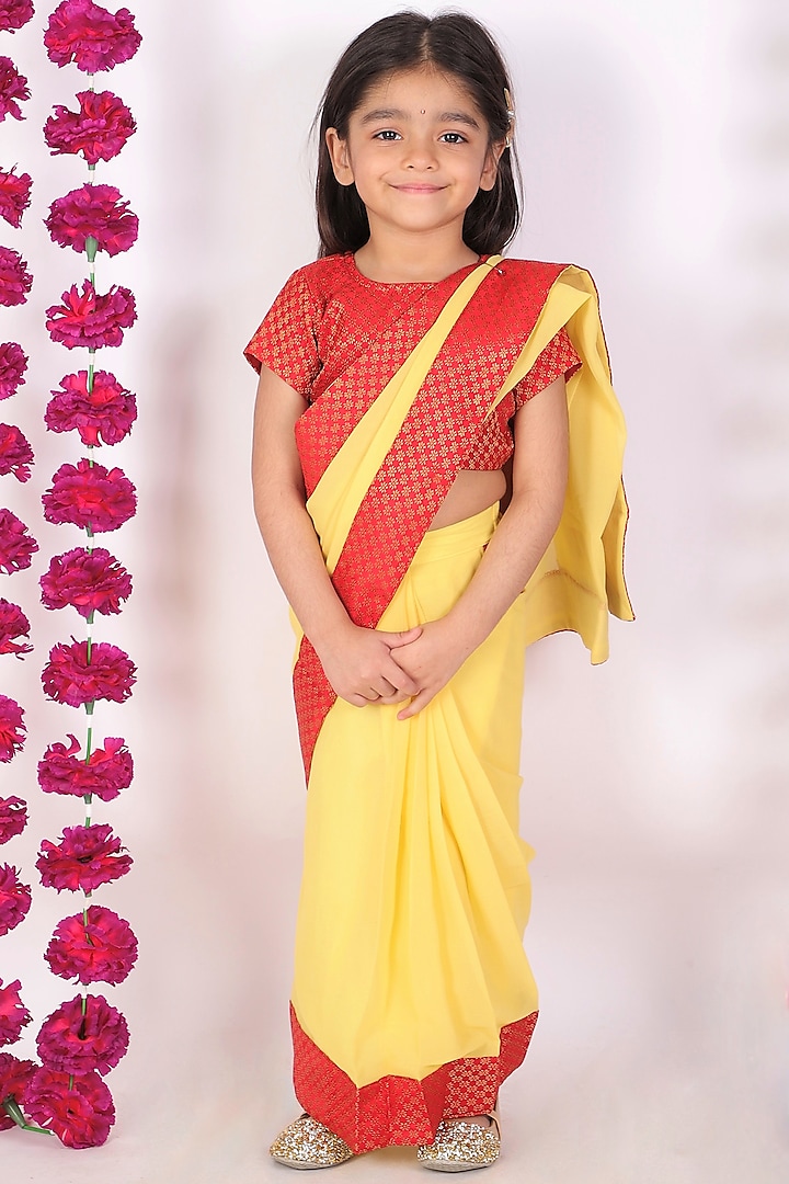 Butter Yellow Cotton Pre-Stitched Saree Set For Girls by Little Bansi