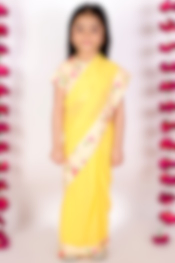 Bright Yellow Cotton Silk Pre-Stitched Saree Set For Girls by Little Bansi