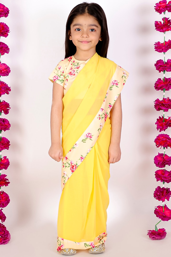 Bright Yellow Cotton Silk Pre-Stitched Saree Set For Girls by Little Bansi