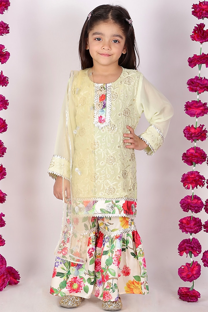 Pista Green & Yellow Cotton Printed Sharara Set For Girls by Little Bansi