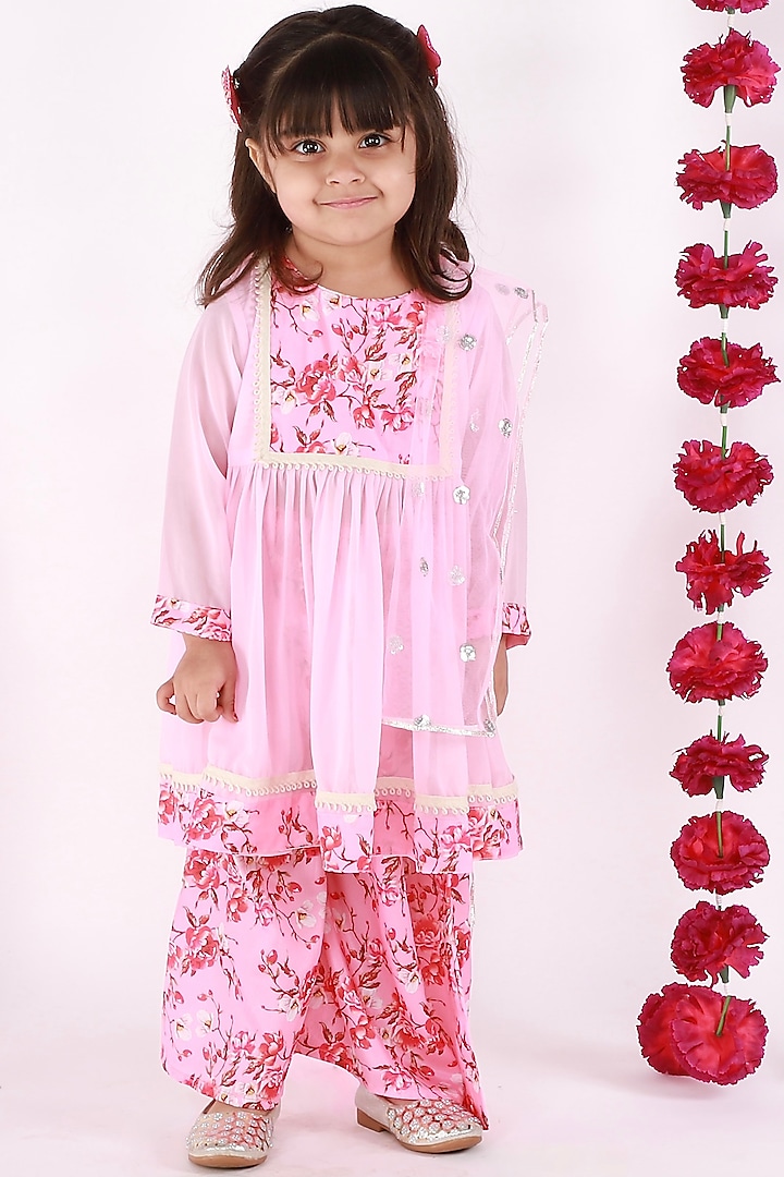 Blush Pink Cotton Printed Kurta Set For Girls by Little Bansi