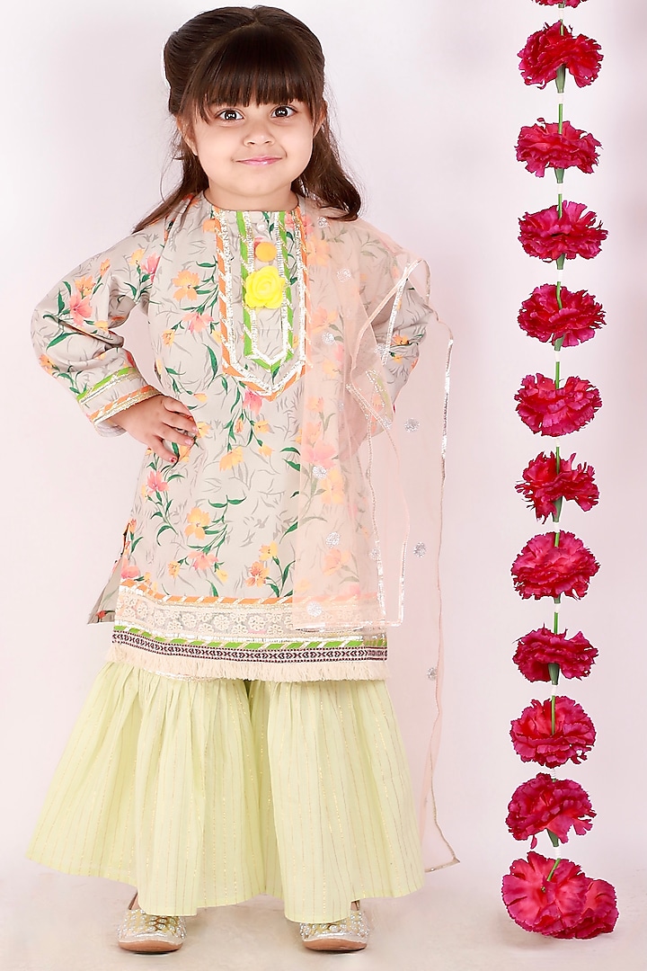 Blush Pink & Green Floral Work Sharara Set For Girls by Little Bansi