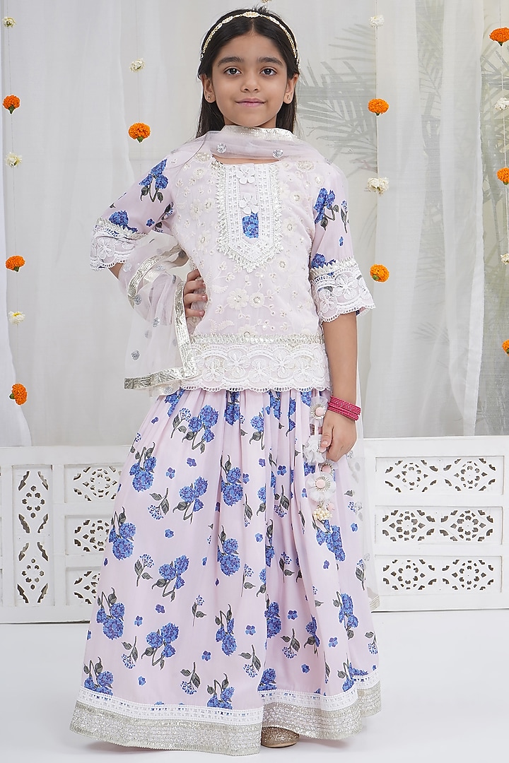 Rose Water & Pink Viscose Cotton Embroidered Lehenga Set For Girls by Little Bansi at Pernia's Pop Up Shop