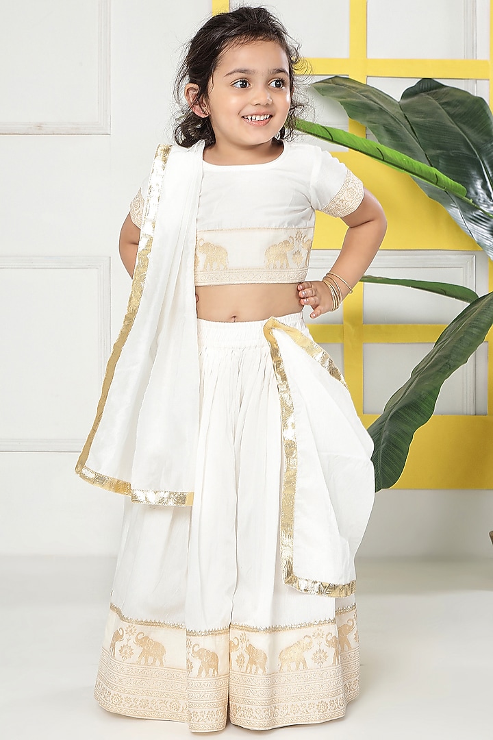 Cream Cotton Blend Embroidered Lehenga Set For Girls by Little Bansi at Pernia's Pop Up Shop
