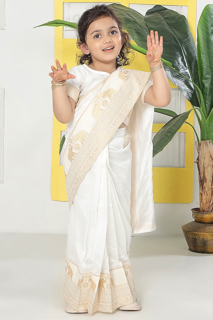 Cream Cotton Blend Embroidered Ready-To-Wear Saree Set For Girls by Little Bansi at Pernia's Pop Up Shop