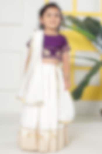 Cream Cotton Blend Embroidered Lehenga Set For Girls by Little Bansi at Pernia's Pop Up Shop