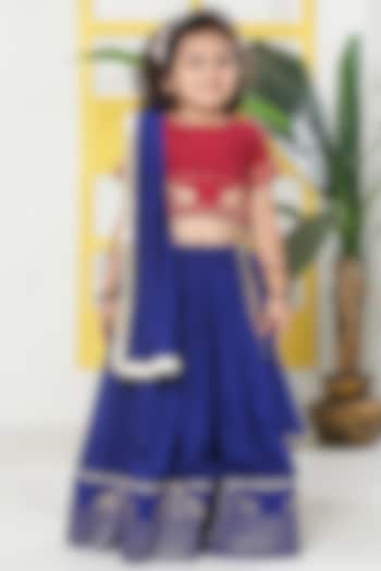 Electric Blue Cotton Blend Embroidered Lehenga Set For Girls by Little Bansi at Pernia's Pop Up Shop