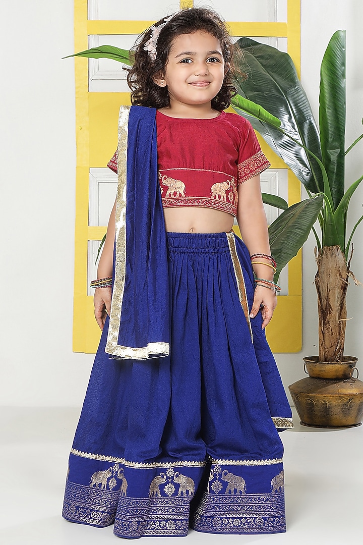 Electric Blue Cotton Blend Embroidered Lehenga Set For Girls by Little Bansi at Pernia's Pop Up Shop