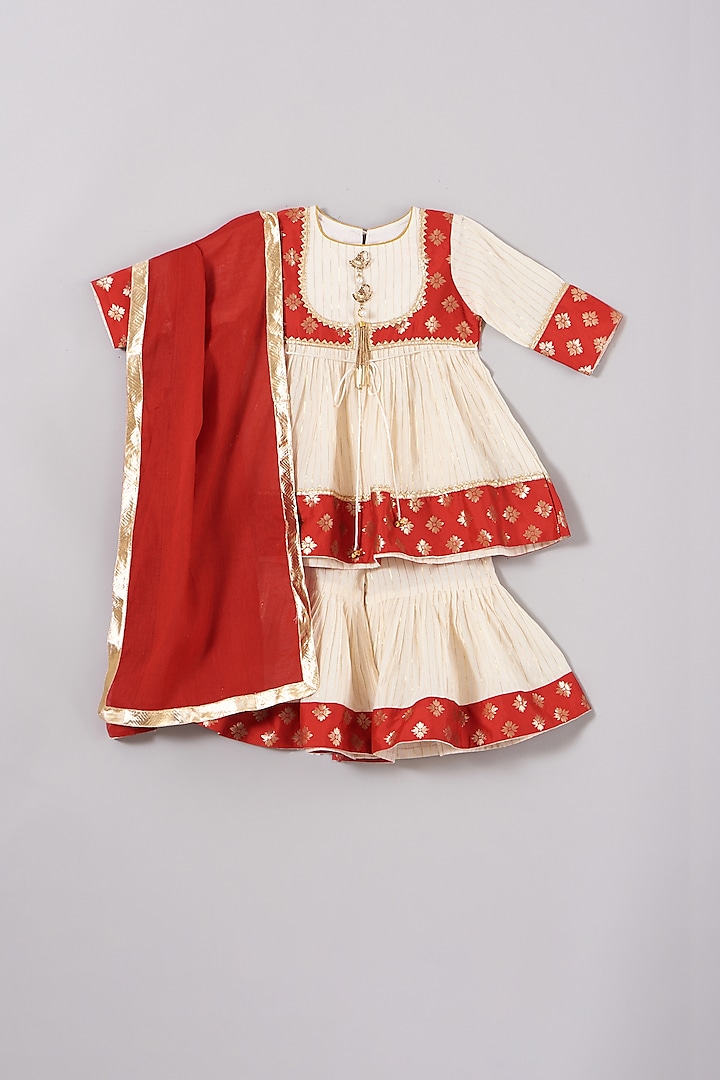 Cadmium Red & Cream Hand Embroidered Sharara Set For Girls by Little Bansi