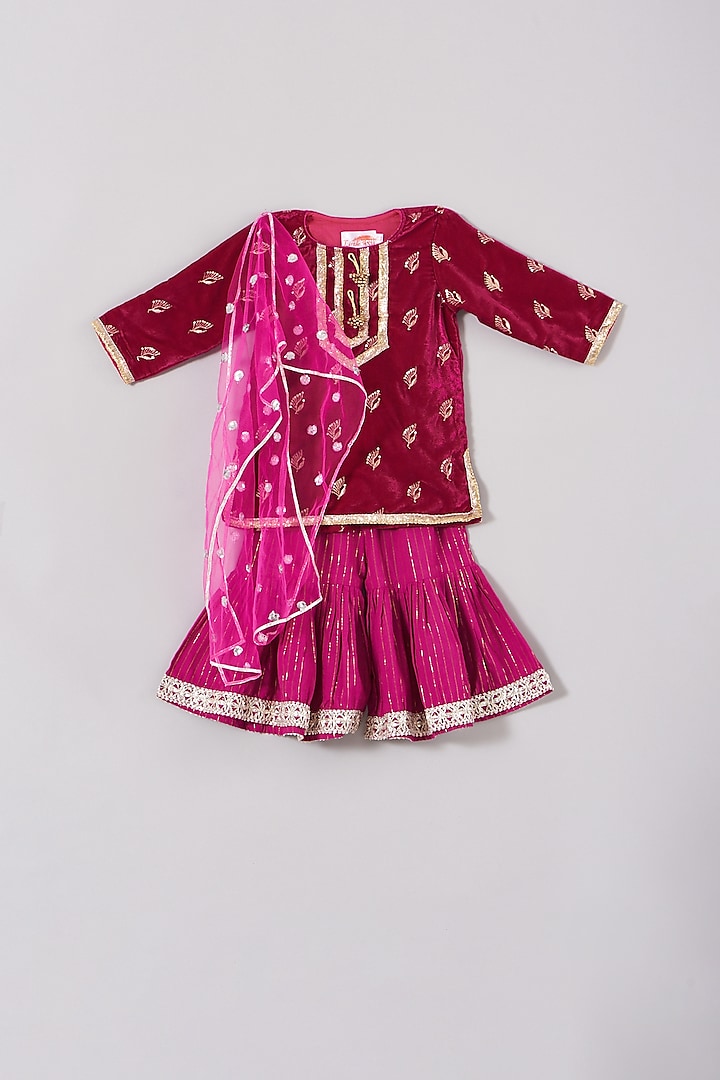 Maroon Hand Embroidered Sharara Set For Girls by Little Bansi