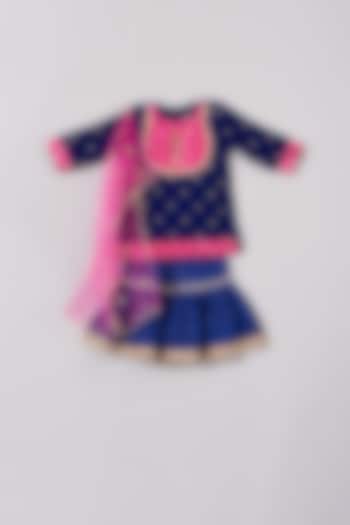Dark Blue Hand Embroidered Sharara Set For Girls by Little Bansi