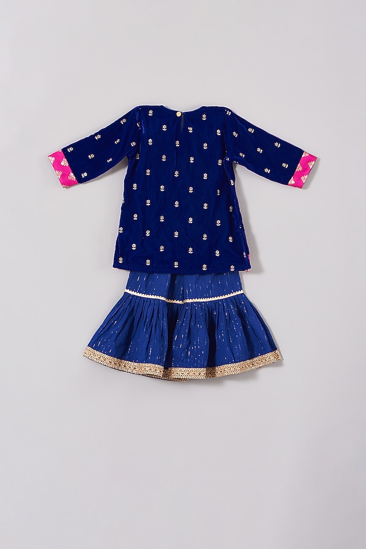 Dark Blue Hand Embroidered Sharara Set For Girls by Little Bansi at Pernia's Pop Up Shop