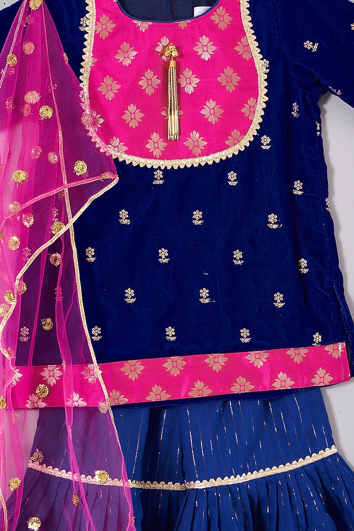 Dark Blue Hand Embroidered Sharara Set For Girls by Little Bansi at Pernia's Pop Up Shop