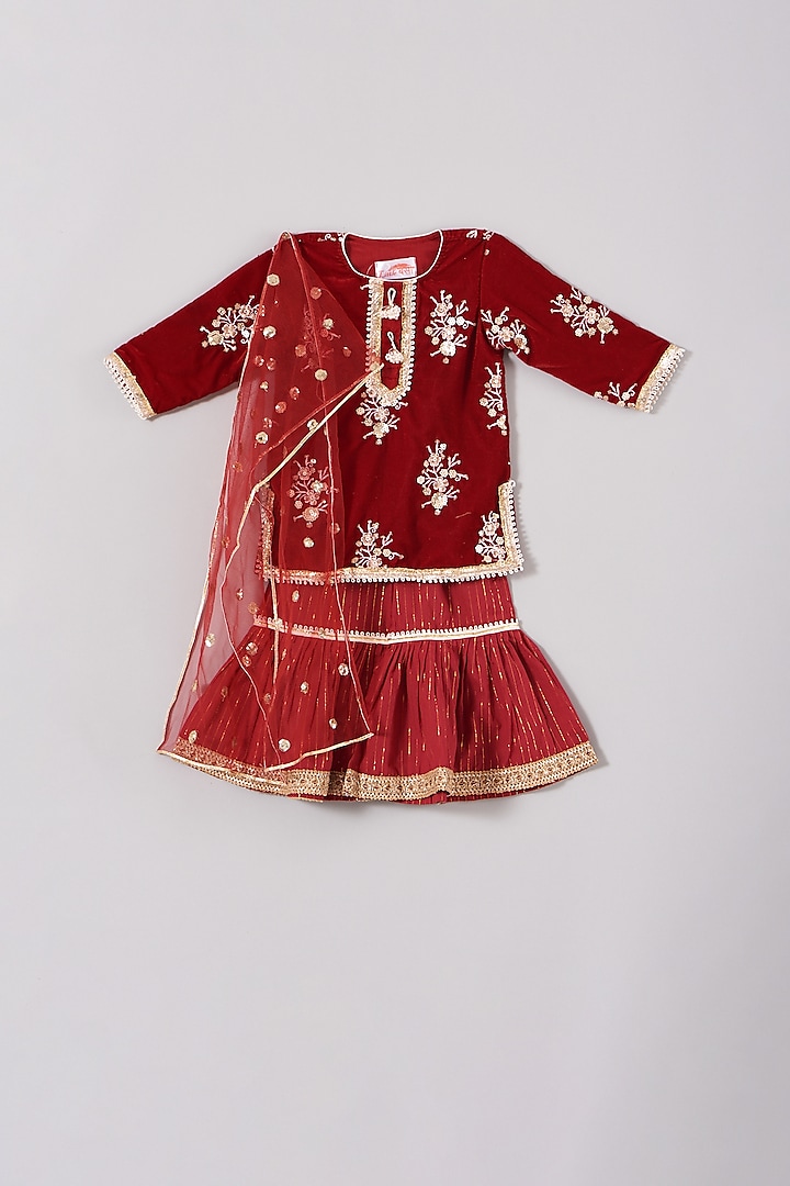 Maroon Embroidered Sharara Set For Girls by Little Bansi