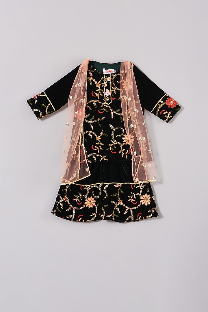 Very Dark Green Hand Embroidered Kurta Set For Girls by Little Bansi at Pernia's Pop Up Shop