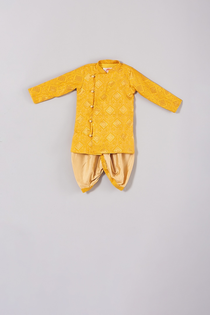 Citrus Yellow Embroidered Sherwani Set For Boys by Little Bansi