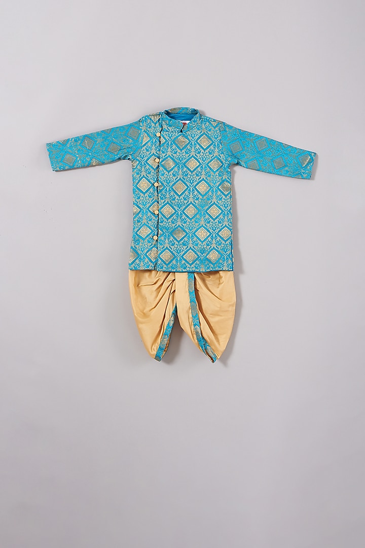 Caribbean Blue Embroidered Sherwani Set For Boys by Little Bansi