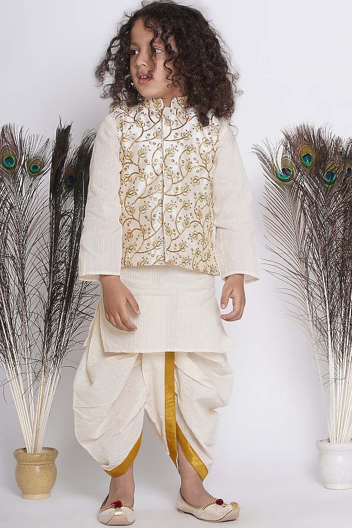 Cream Banarasi Silk Embroidered Bundi Jacket With Kurta Set For Boys by Little Bansi at Pernia's Pop Up Shop