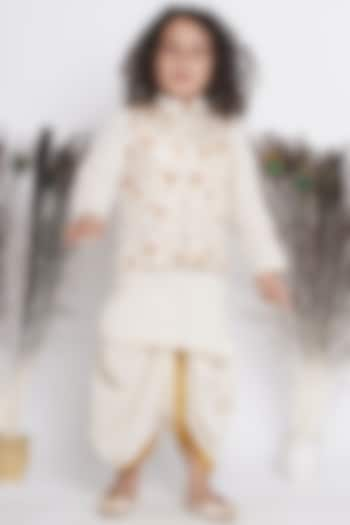 Cream Banarasi Silk Embroidered Bundi Jacket With Kurta Set For Boys by Little Bansi at Pernia's Pop Up Shop