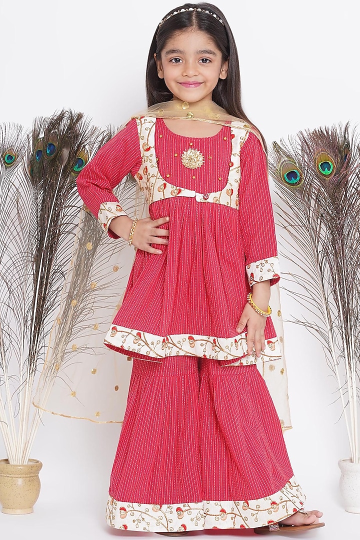 Red Cotton Sharara Set For Girls by Little Bansi at Pernia's Pop Up Shop