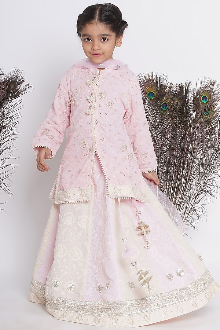 Baby Pink Cotton Embroidered Lehenga Set For Girls by Little Bansi