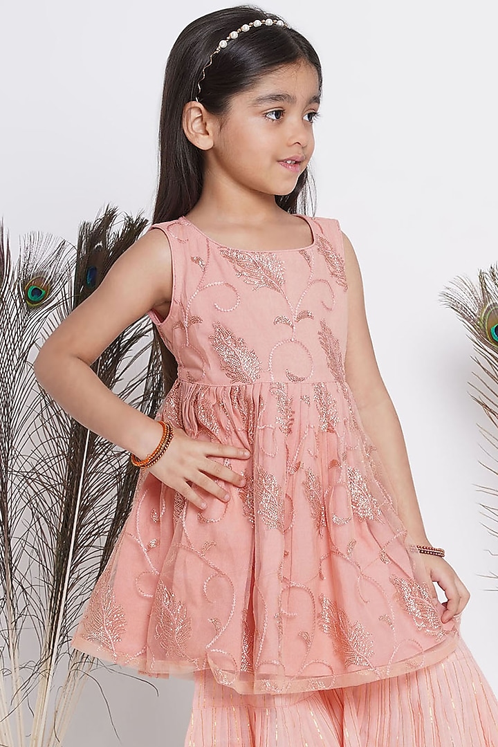 Peach Cotton lurex Striped Sharara Set For Girls by Little Bansi at Pernia's Pop Up Shop