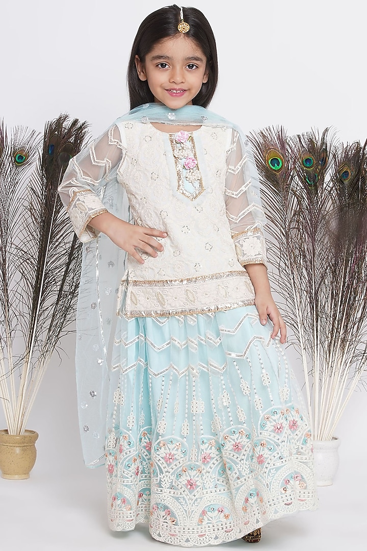 Cloudy Blue Cotton Floral Embroidered Lehenga Set For Girls by Little Bansi