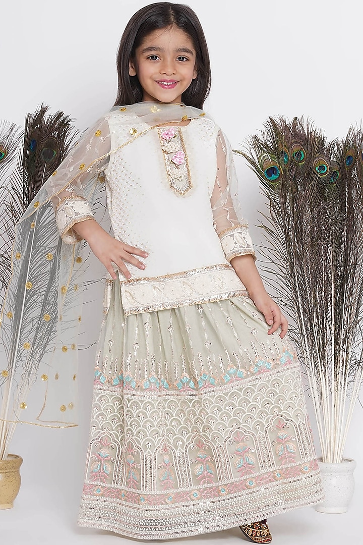 Olive Green Cotton Floral Embroidered Lehenga Set For Girls by Little Bansi