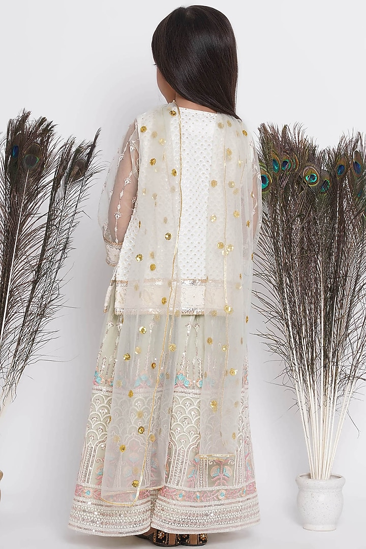 Olive Green Cotton Floral Embroidered Lehenga Set For Girls by Little Bansi at Pernia's Pop Up Shop