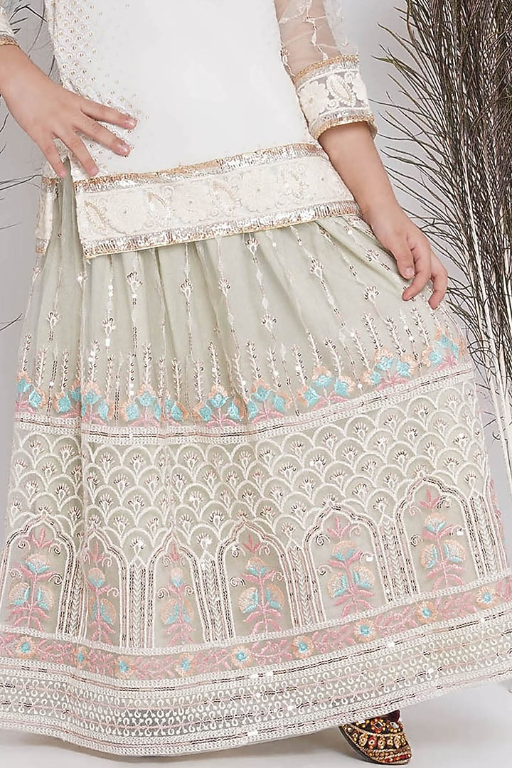 Olive Green Cotton Floral Embroidered Lehenga Set For Girls by Little Bansi at Pernia's Pop Up Shop