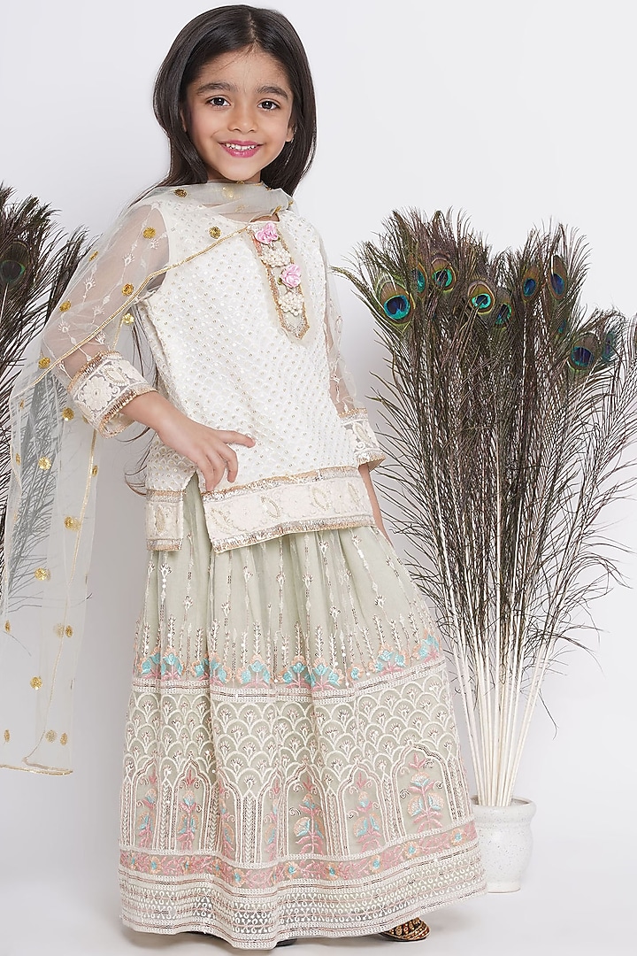 Olive Green Cotton Floral Embroidered Lehenga Set For Girls by Little Bansi at Pernia's Pop Up Shop