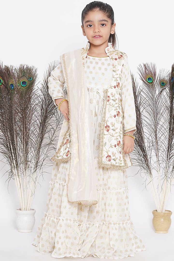 Cream Banarasi Silk Floral Embroidered Jacket Set For Girls by Little Bansi