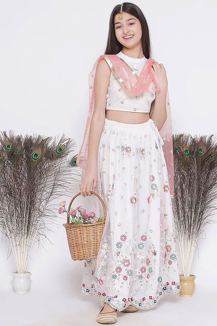 White Net Floral Embroidered Lehenga Set For Girls by Little Bansi