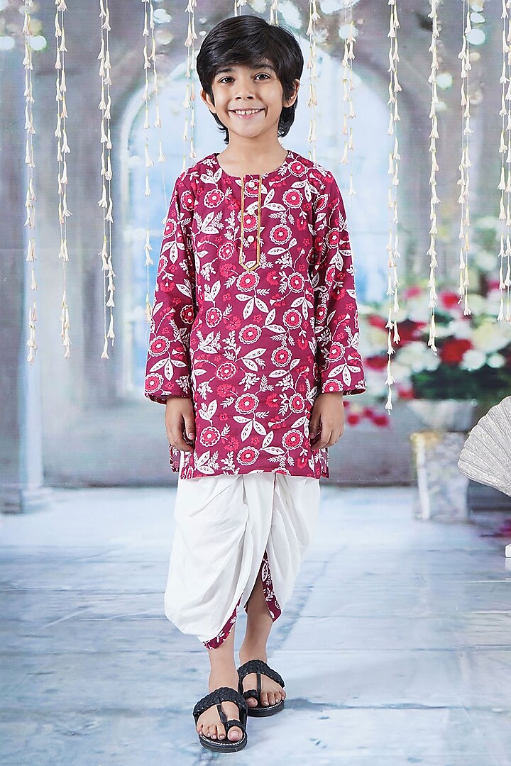 Maroon Cotton Floral Printed Kurta Set For Boys by Little Bansi