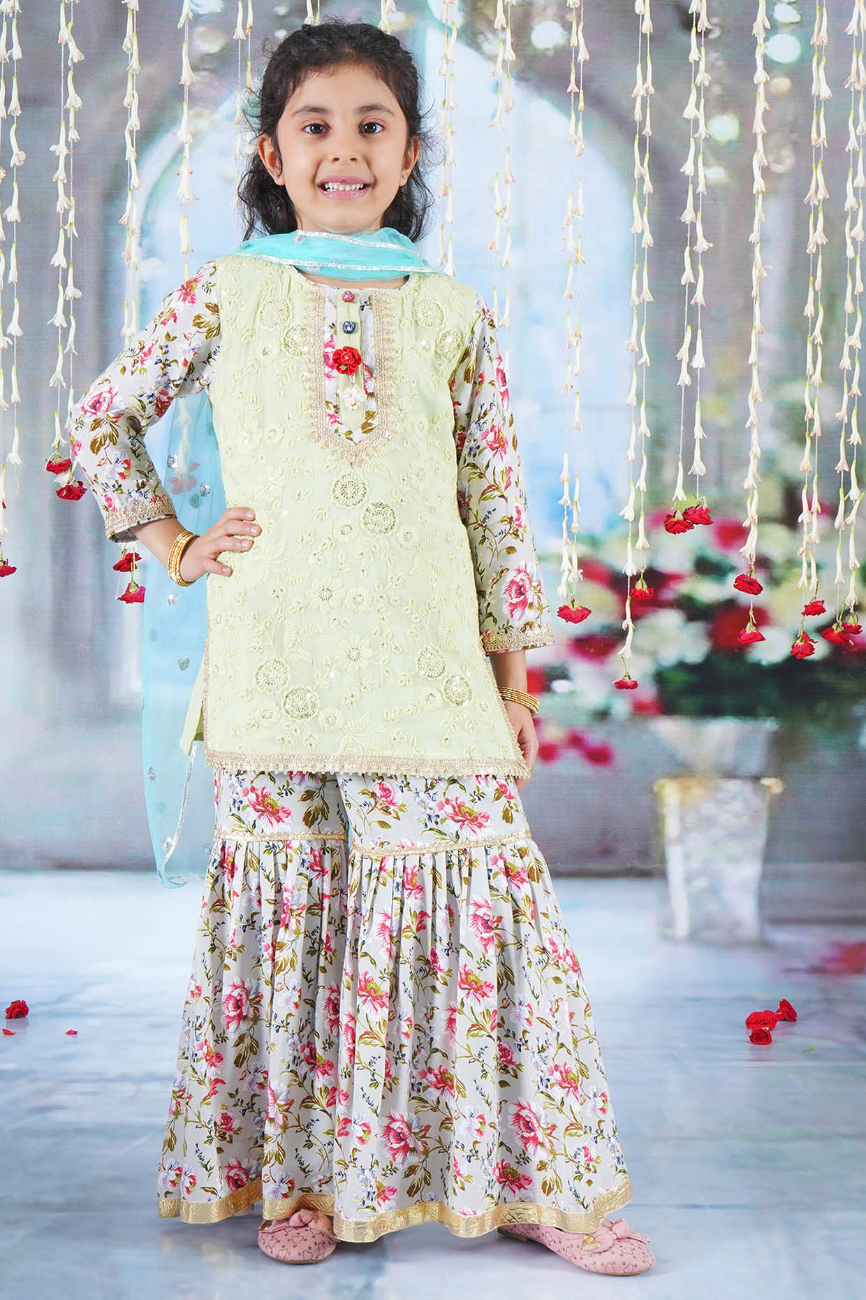 Green Cotton Floral Printed Sharara Set For Girls by Little Bansi at Pernia's Pop Up Shop