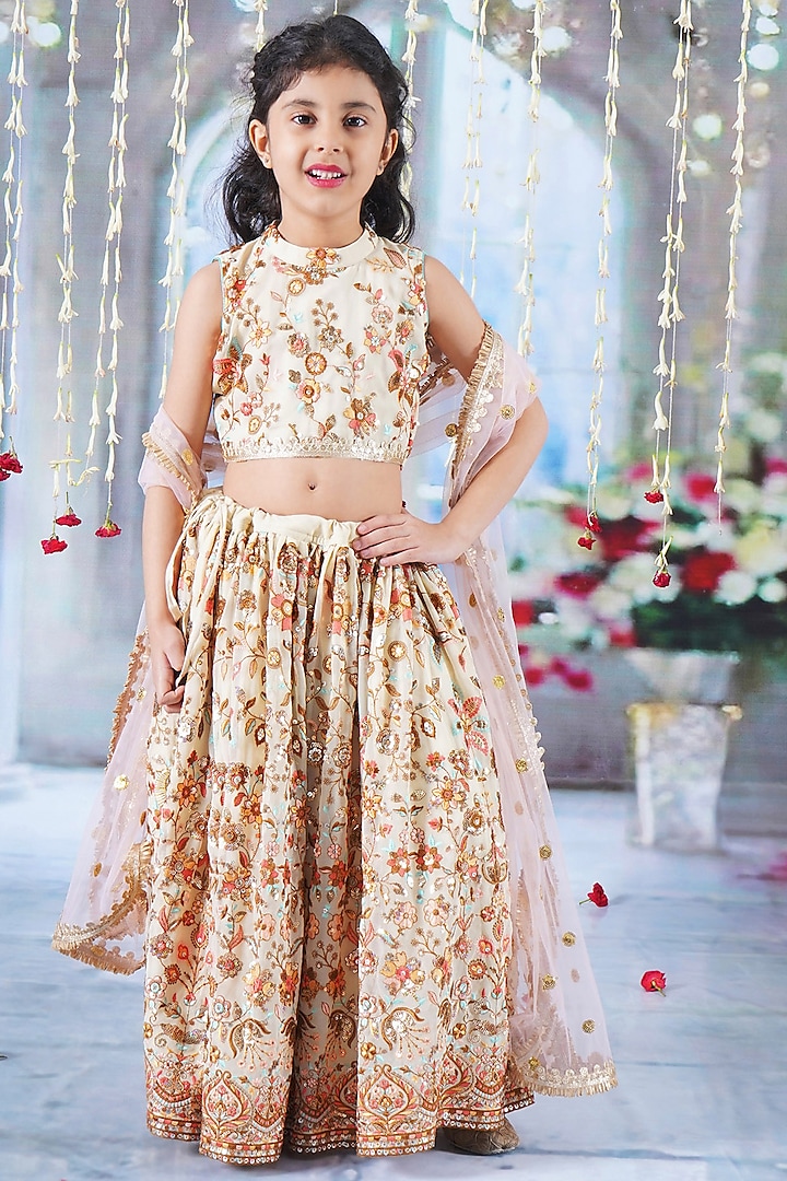 Beige Georgette Thread & Sequins Embroidered Lehenga Set For Girls by Little Bansi