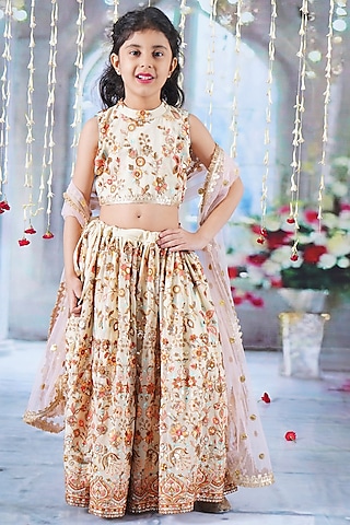 Beige Georgette Thread & Sequins Embroidered Lehenga Set For Girls by Little Bansi