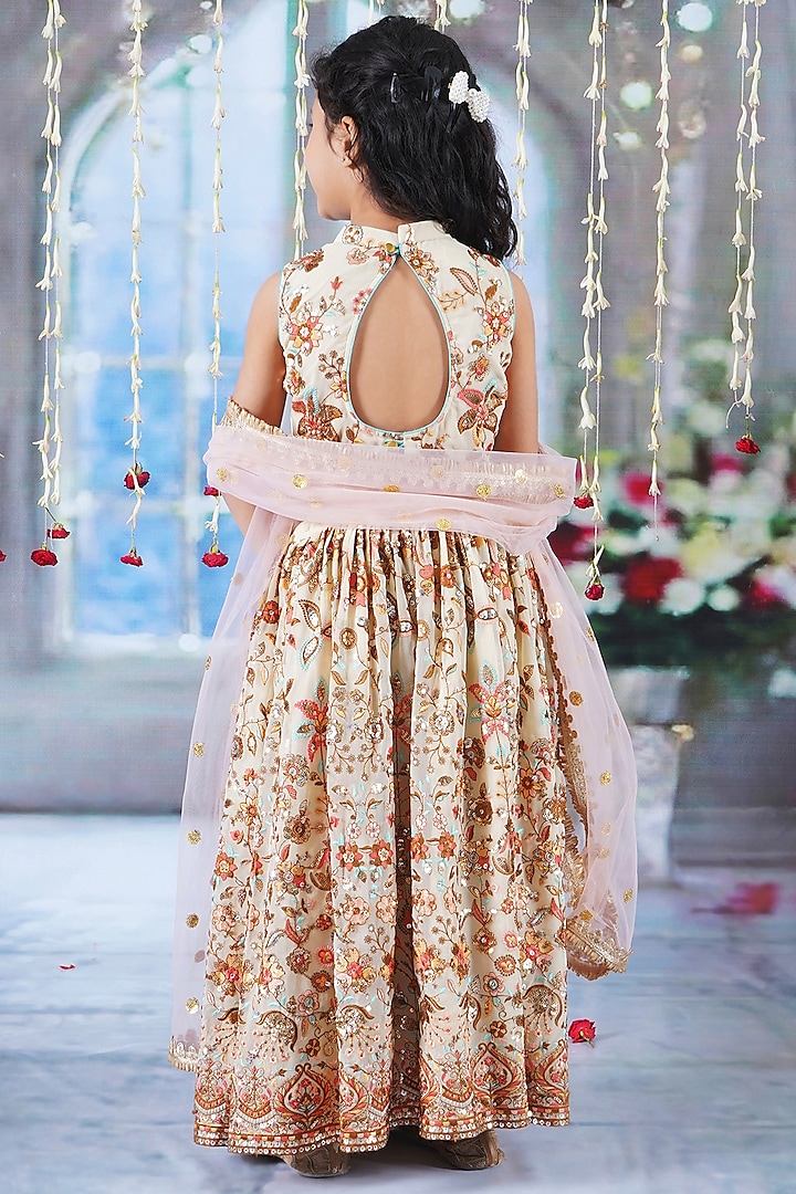 Beige Georgette Thread & Sequins Embroidered Lehenga Set For Girls by Little Bansi at Pernia's Pop Up Shop