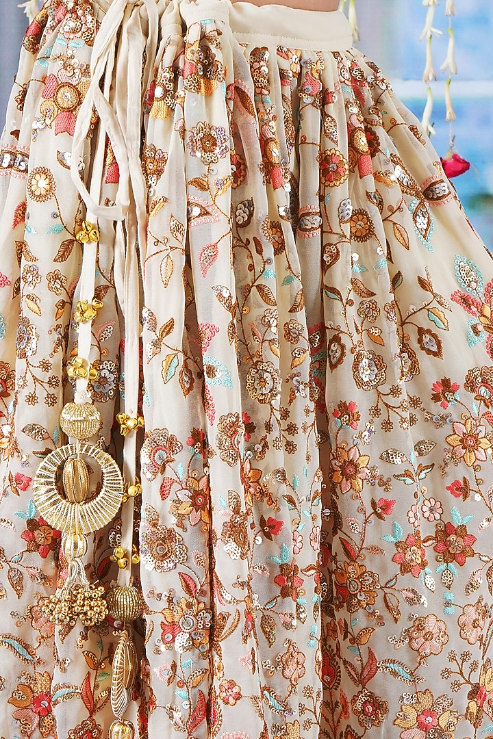 Beige Georgette Thread & Sequins Embroidered Lehenga Set For Girls by Little Bansi at Pernia's Pop Up Shop